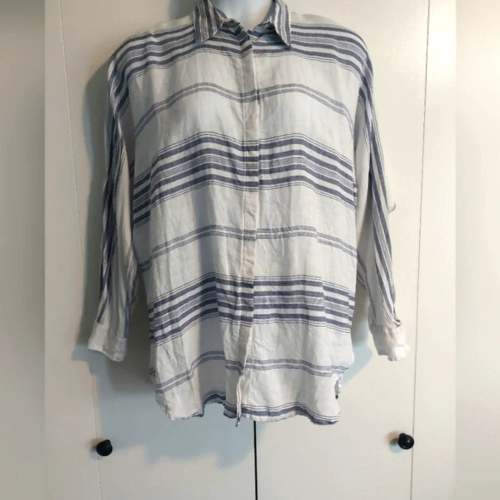 Lauren Ralph Lauren Linen Striped Tunic Top Blouse White Chambray Blue XL